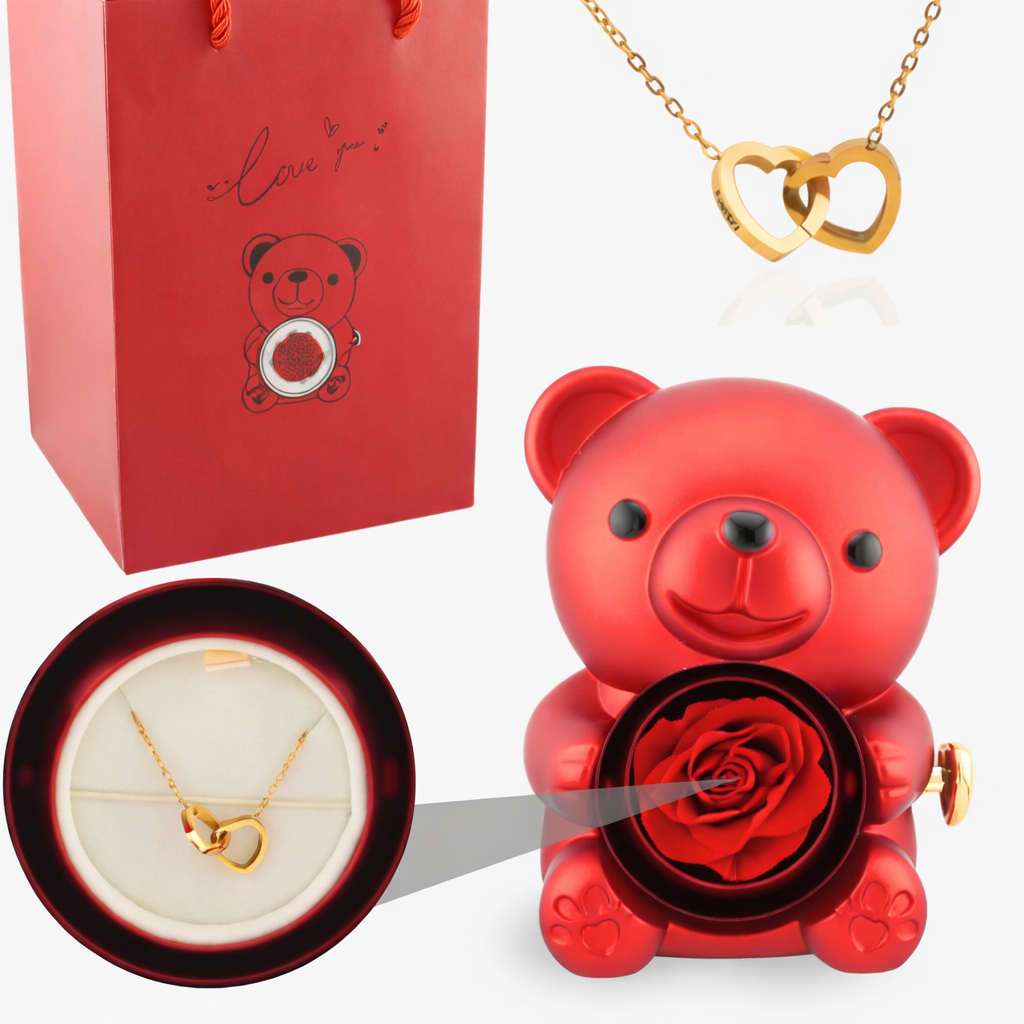 Eternal Rose Bear with Personalized Heart Necklace